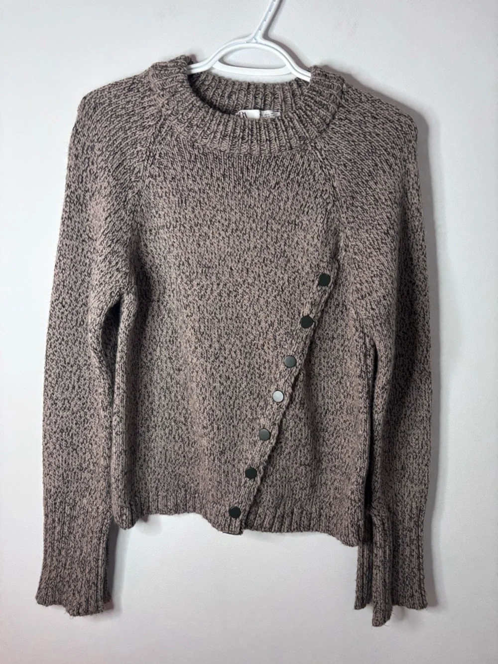 Zara Taupe Marled Asymmetrical Button-Front Turtleneck Sweater - Picture 2 of 7